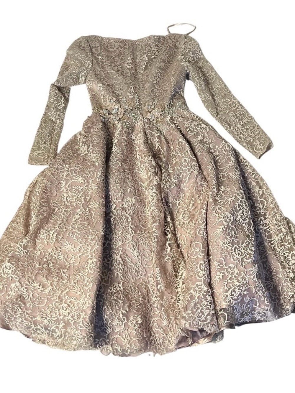MAC DUGGAL Long Sleeve Tea Length Dress Lace Embroidered Beads Flowers Size 6 - Picture 6 of 13